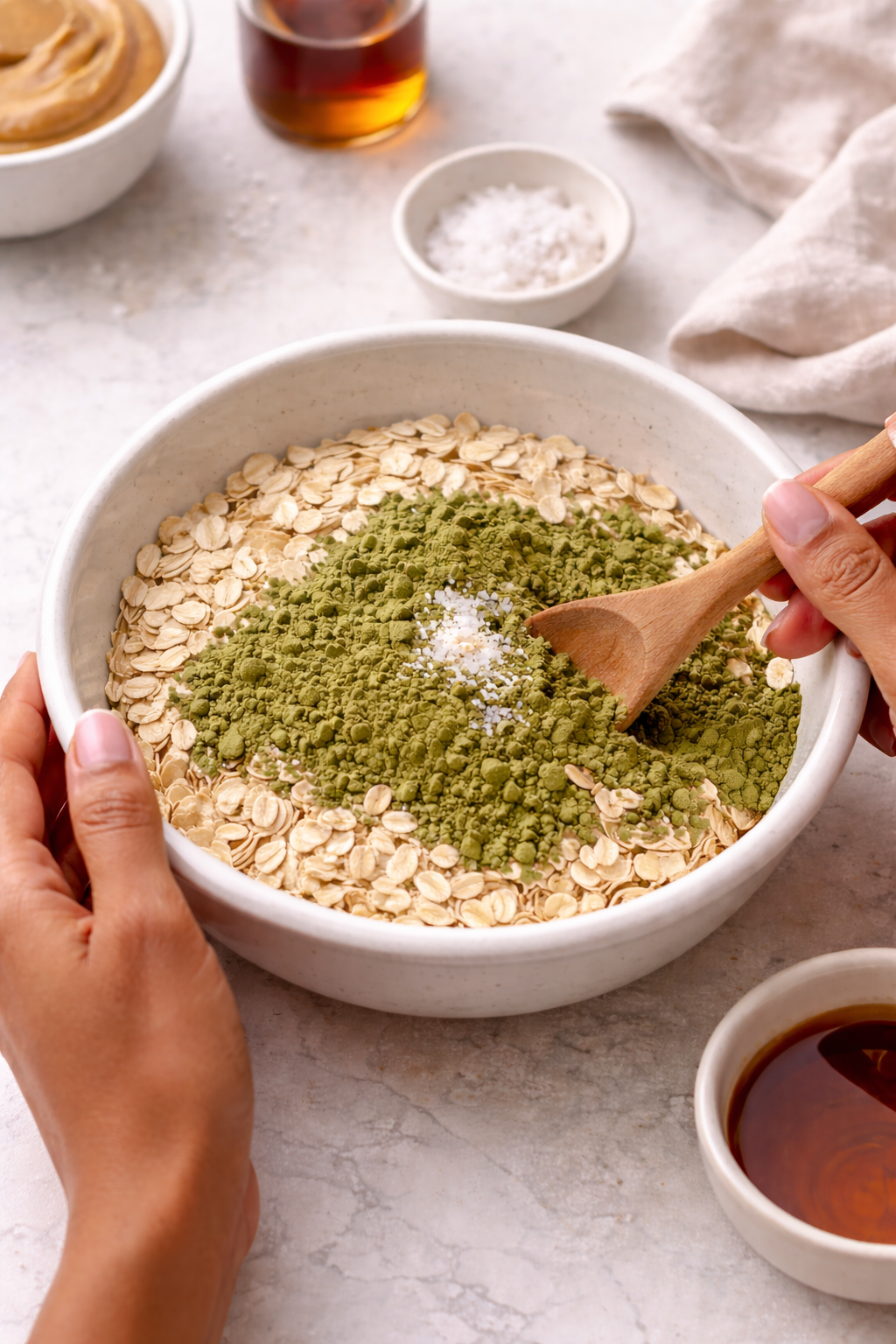 Mixing oats and matcha powder in a bowl