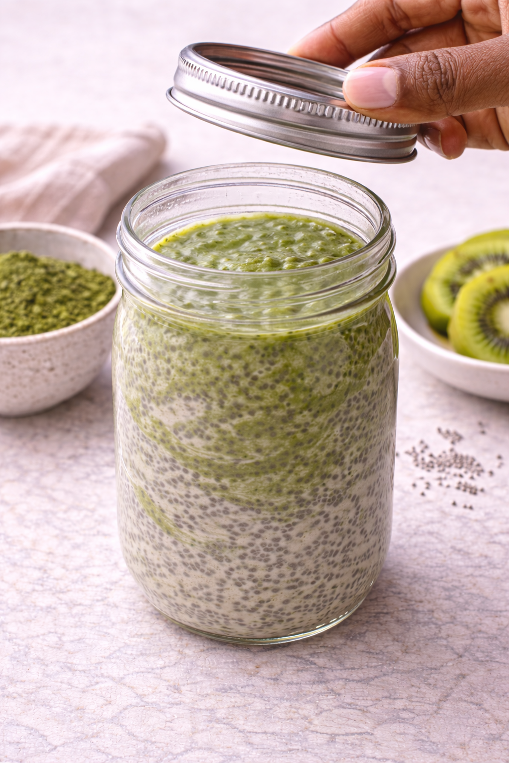 Step 5: Matcha chia pudding setting in the refrigerator