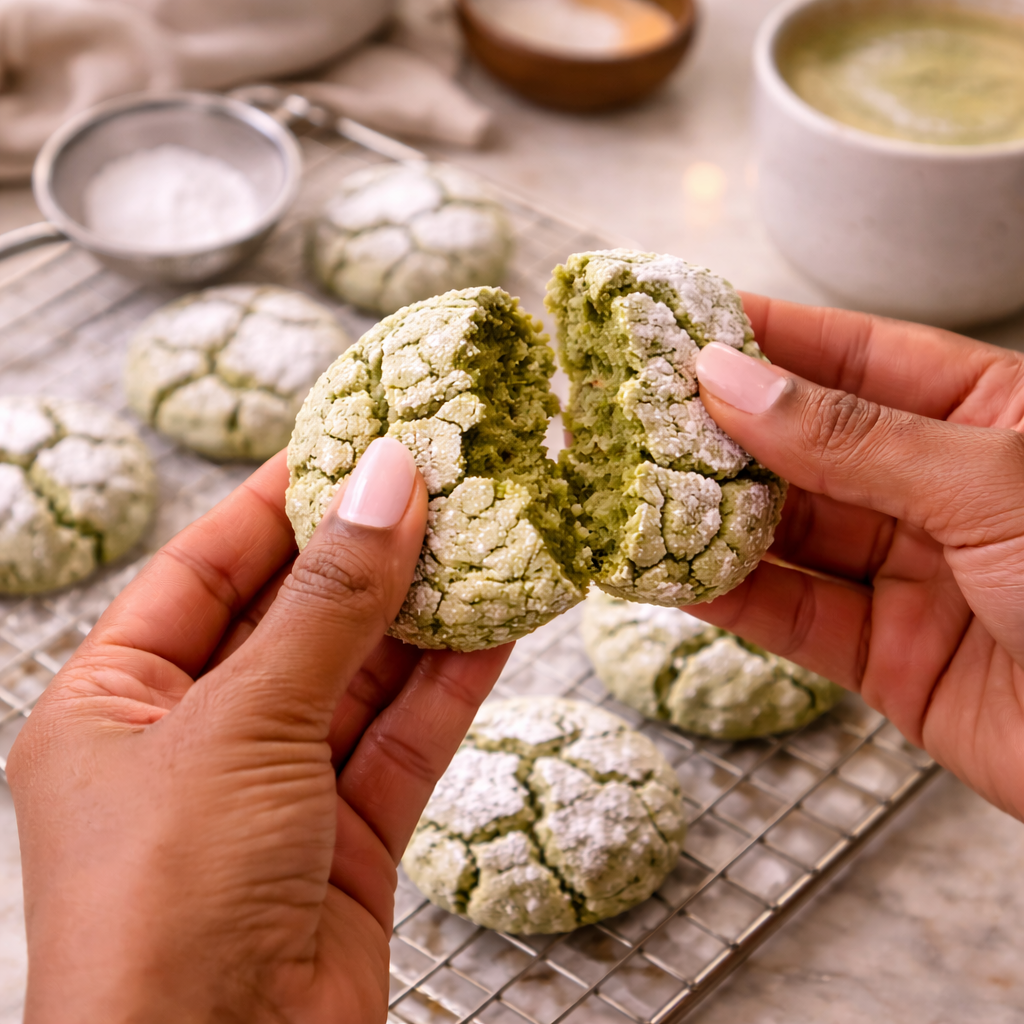 Step 6: Baked matcha crinkle cookies cooling on a rack