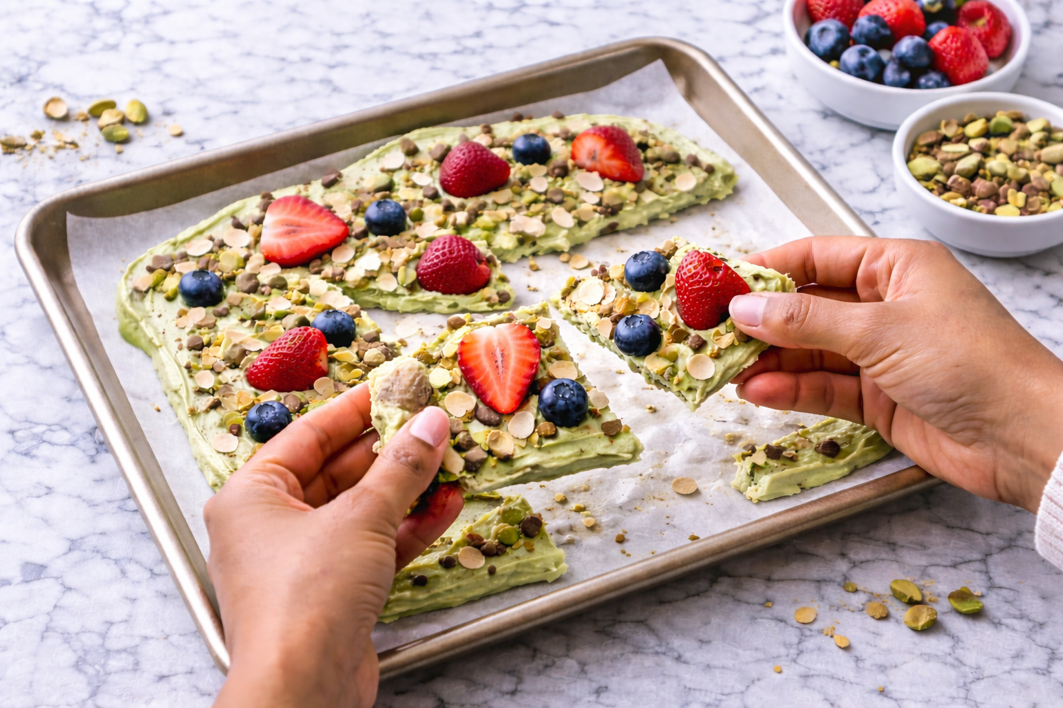 Breaking frozen matcha yogurt bark into pieces