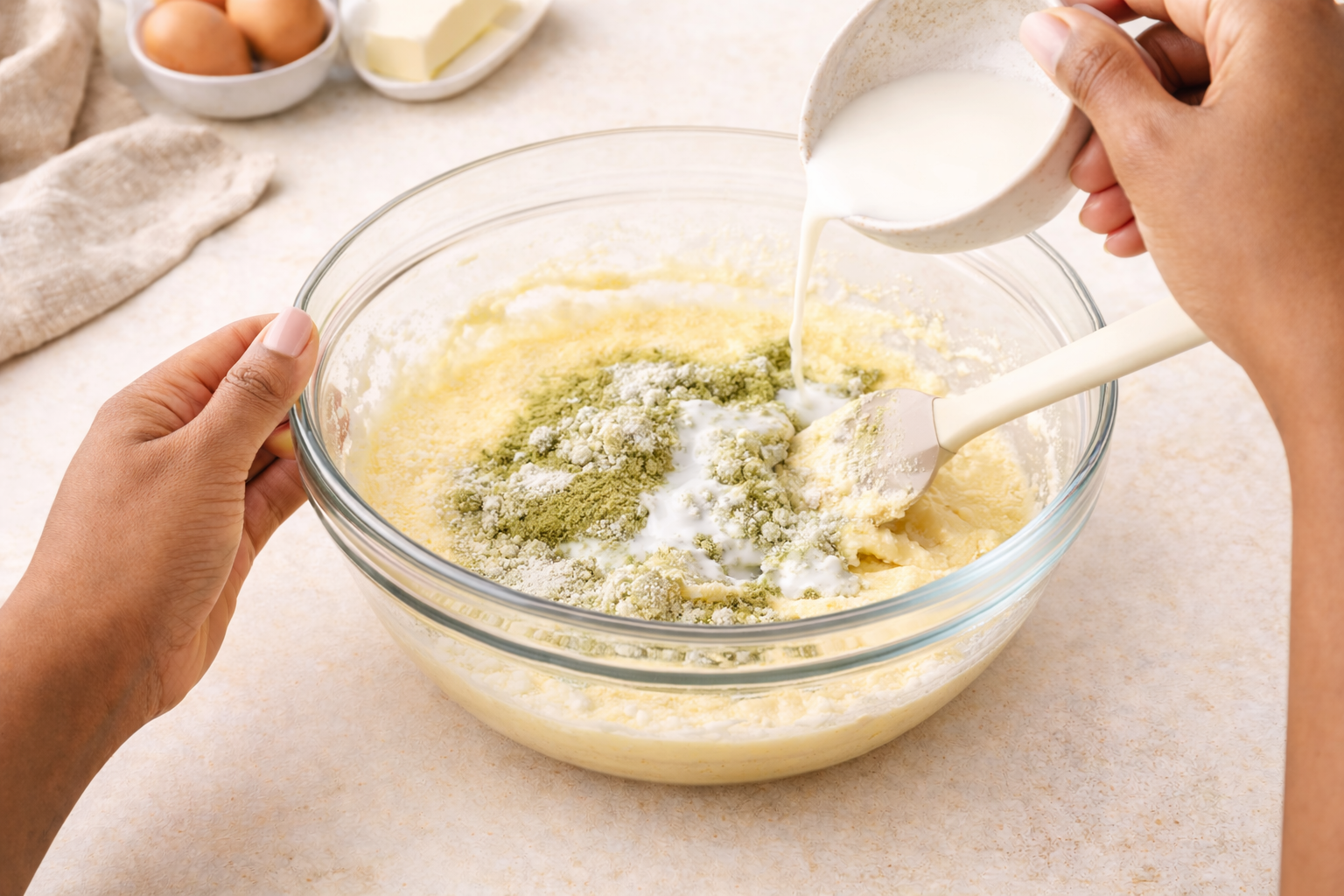 Step 4: Folding matcha donut batter until just combined