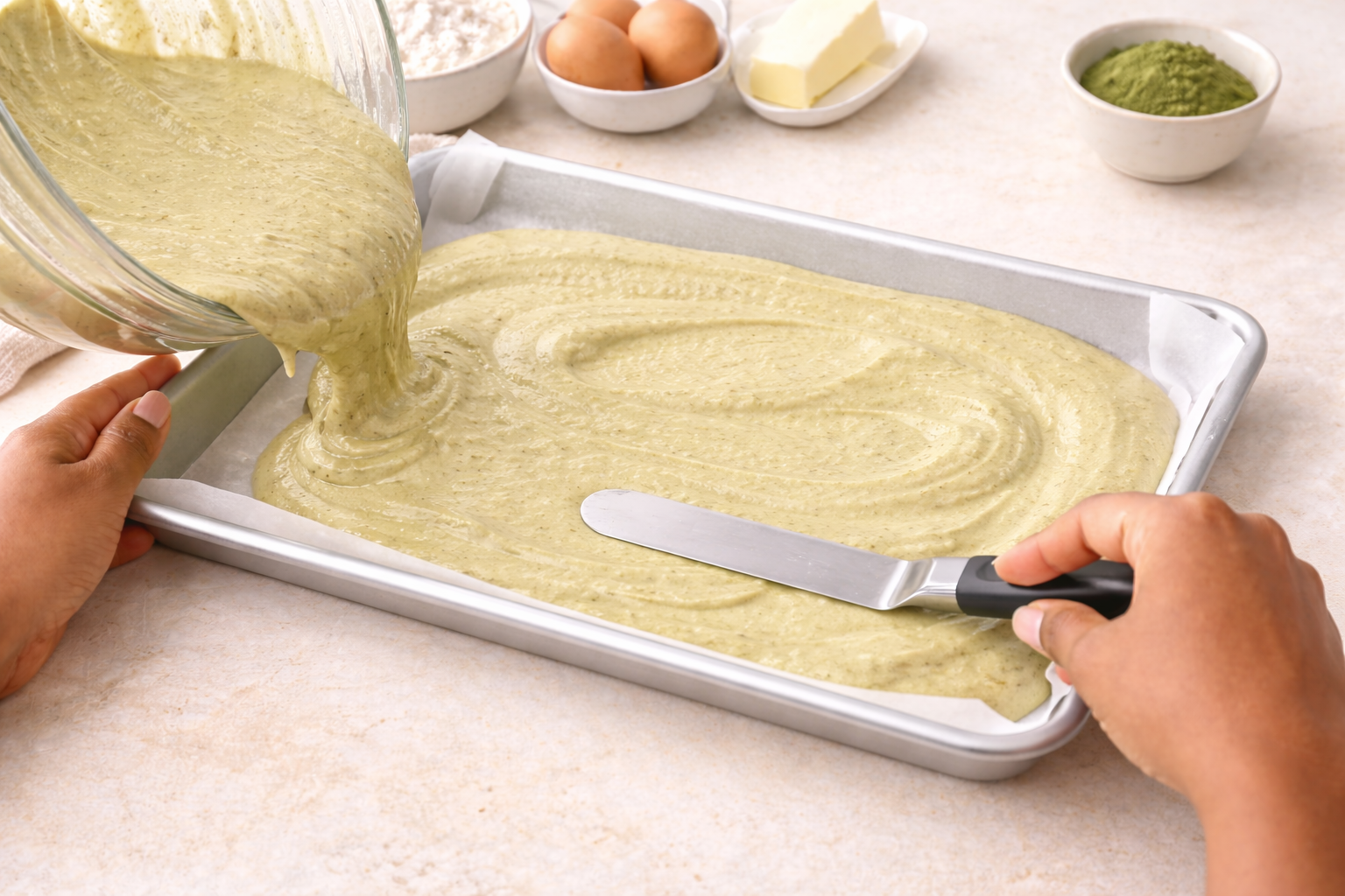 Step 5: Filling donut pan with matcha donut batter